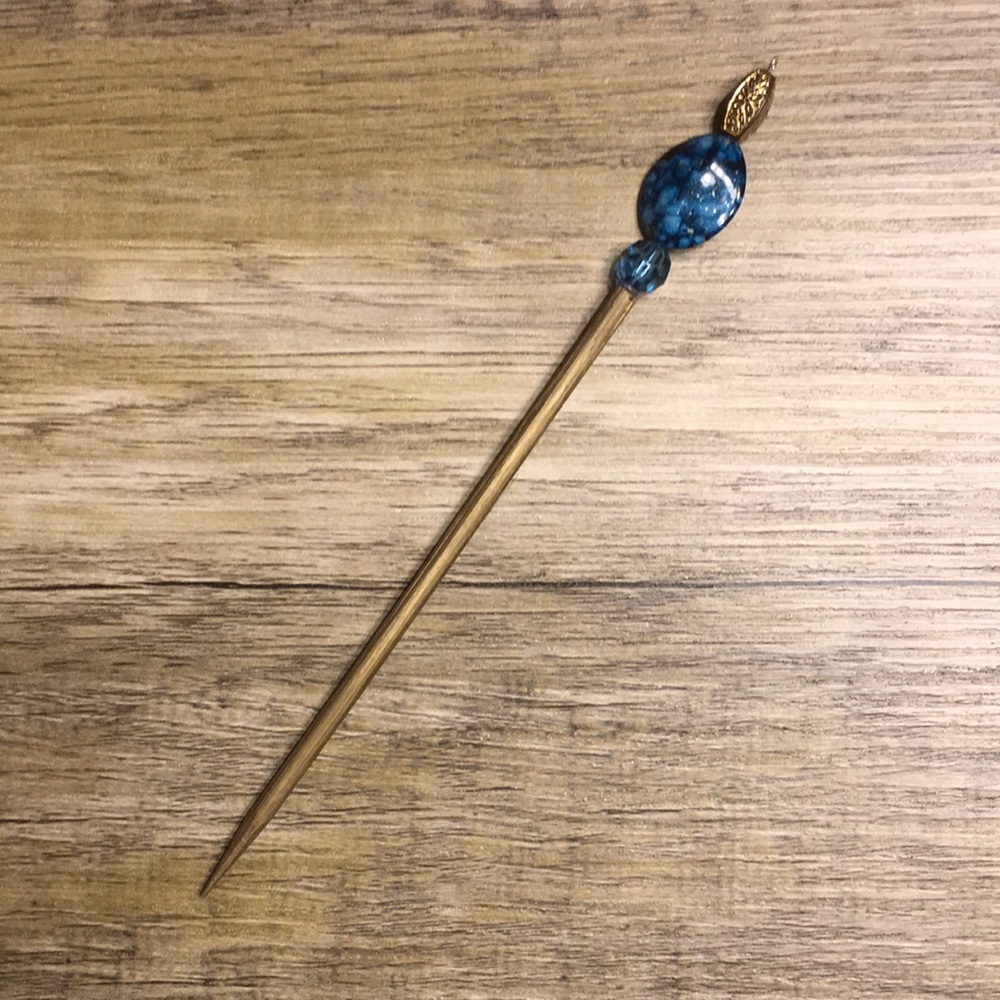 Handmade beaded hair sticks- gold, navy blue